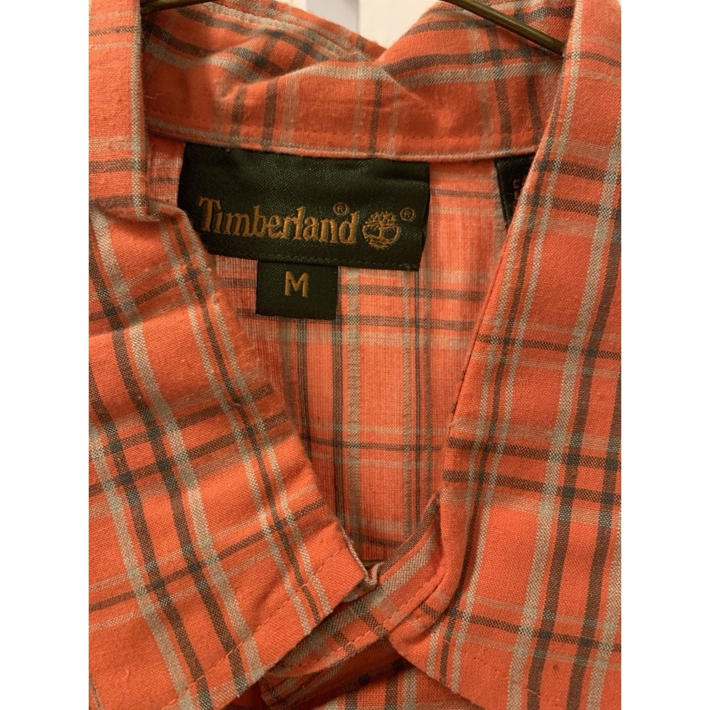 TIMBERLAND Mens Orange Plaid Short-Sleeve Button-Down Shirt M Embroidered Logo - Picture 2 of 5
